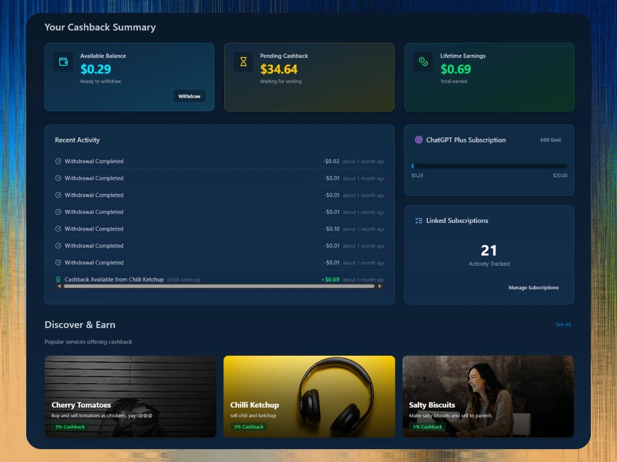 Byte Back Dashboard - Cashback earnings and connected SaaS tools